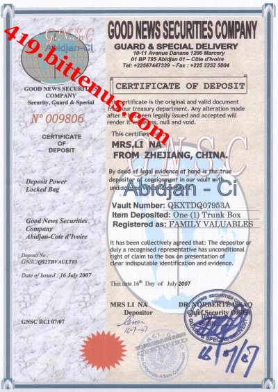 deposite certificate